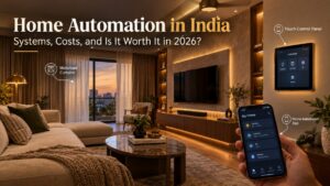 Home automation system controlling lighting and curtains in an Indian living room