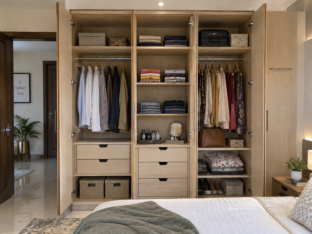 MR grade plywood used in an Indian bedroom wardrobe