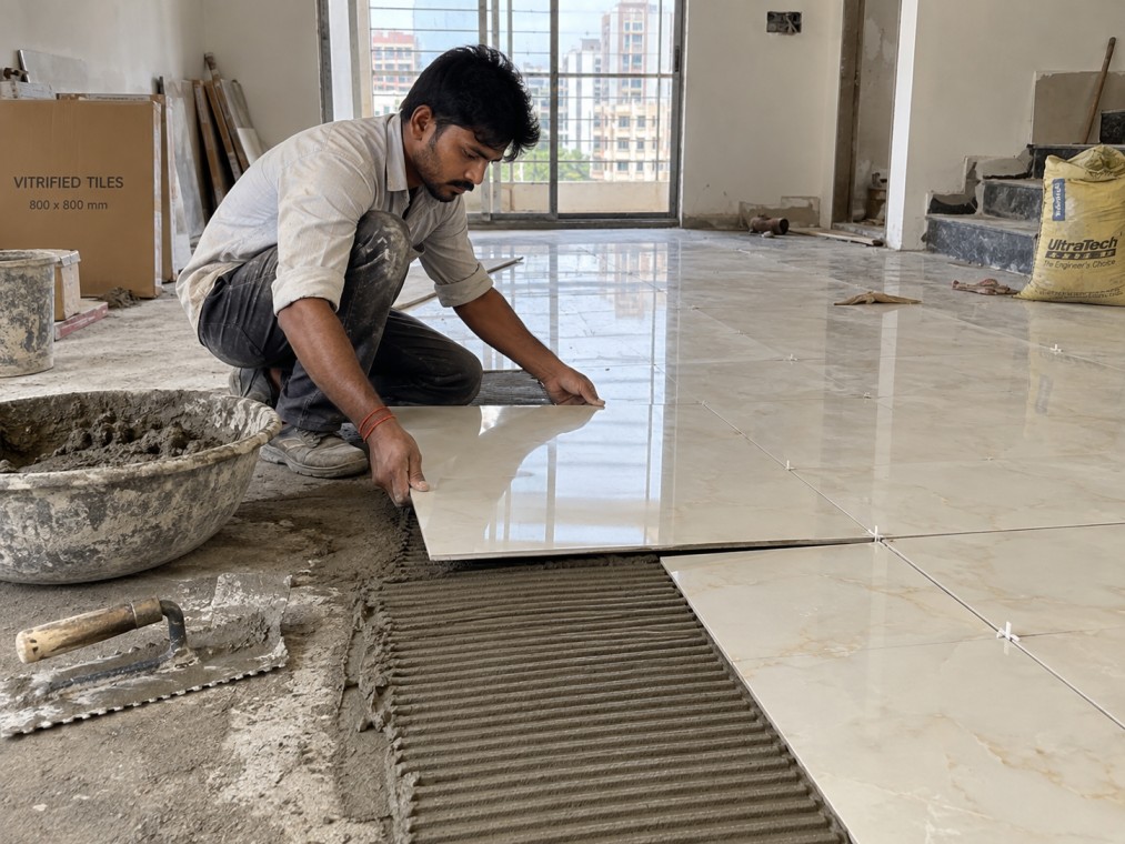 Vitrified floor tiles being laid over a cement mortar bed