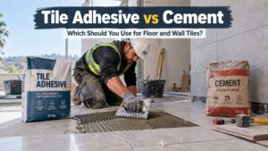 Worker applying tile adhesive with a notched trowel on site